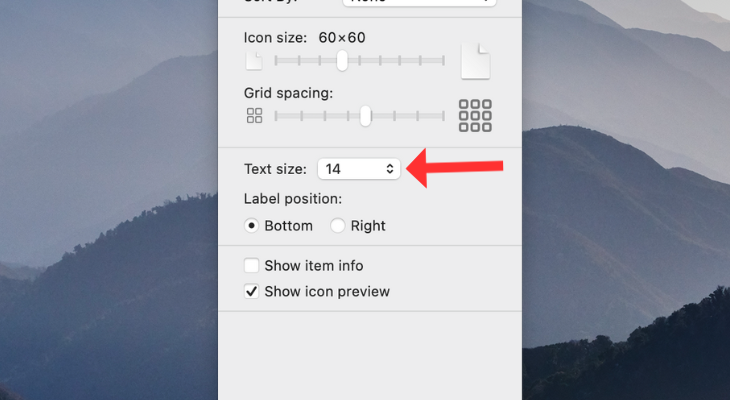 Text Size in Show View Options menu on macOS