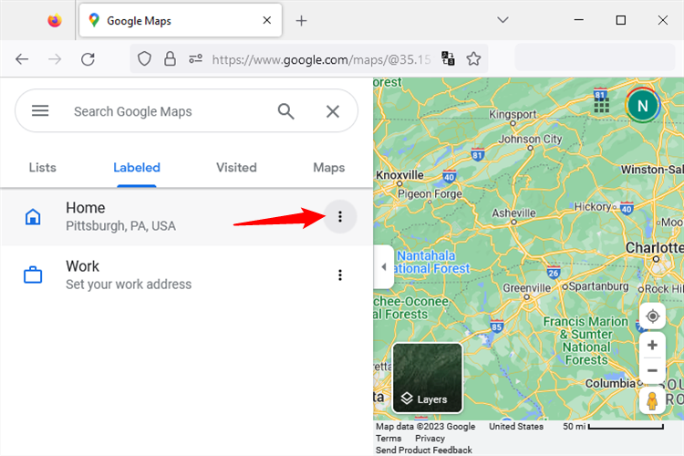 The "Labeled" tab on Google Maps in a browser. 