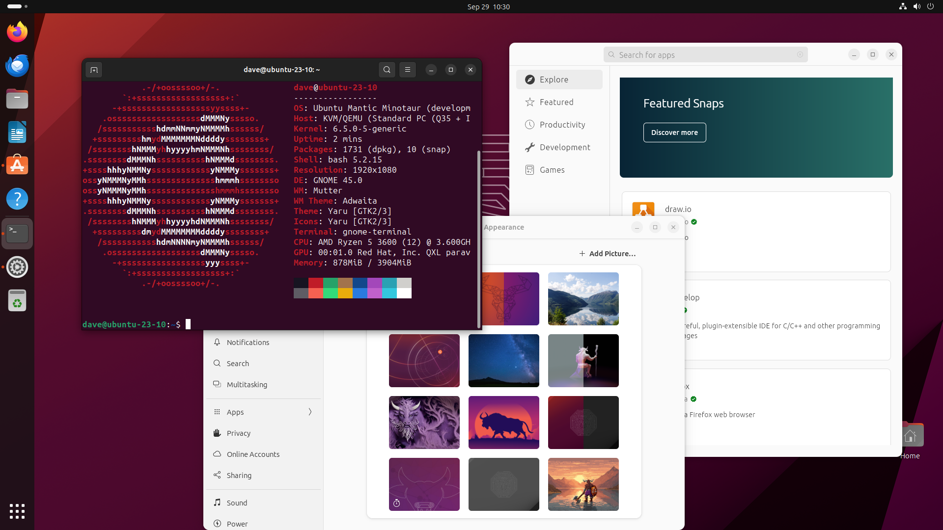 The Ubuntu 23.10 Mantic Minotaur GNOME desktop