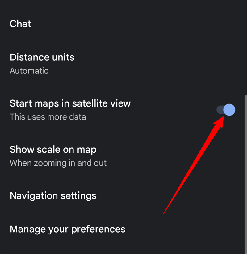 Tap the toggle next to "Start Maps in Satellite View."