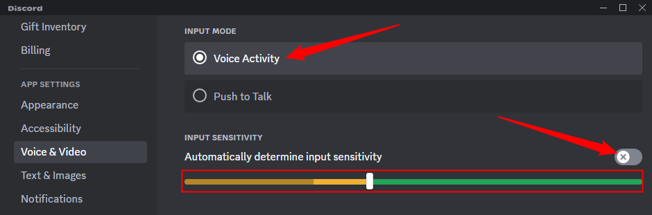 Click the toggle to disable auto-sensitivity, then adjust the slider to set how sensitive your microphone is.