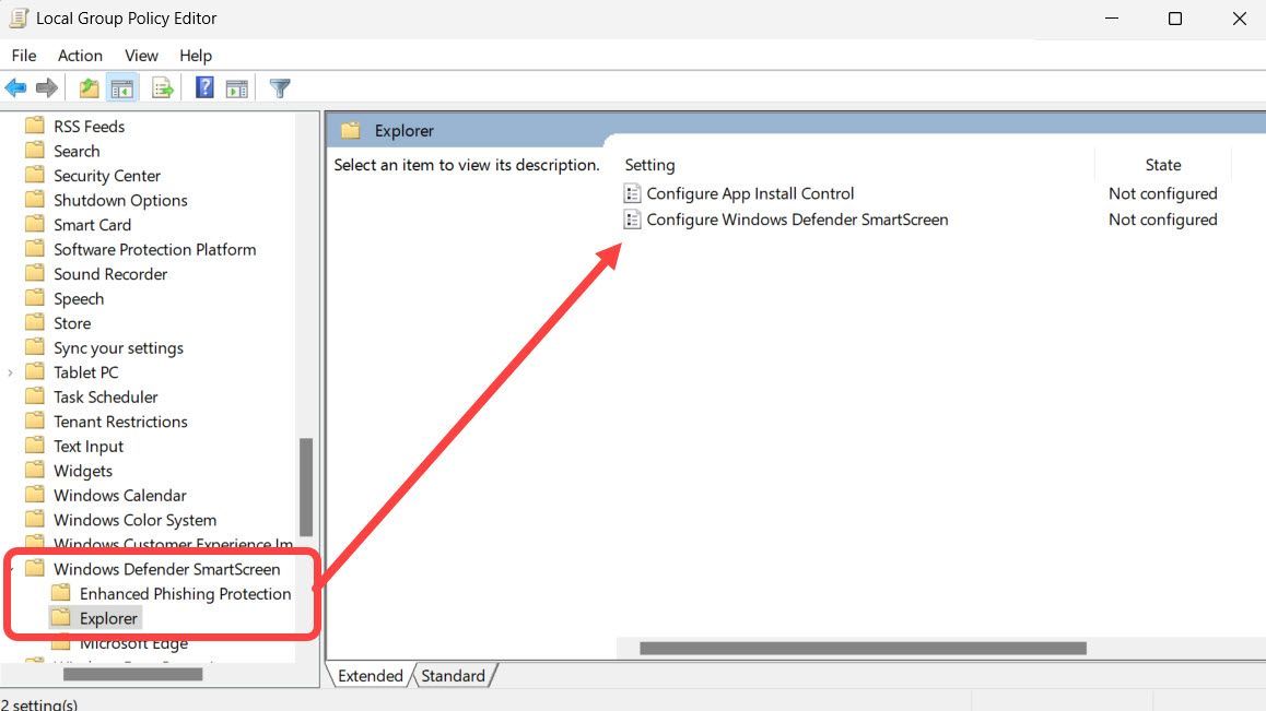 An image showing how to navigate to the Microsoft Defender Smart Screen on Windows Group Policy Editor.