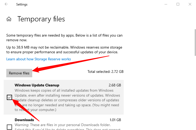 Tick "Windows Update Cleanup," then click "Remove Files."