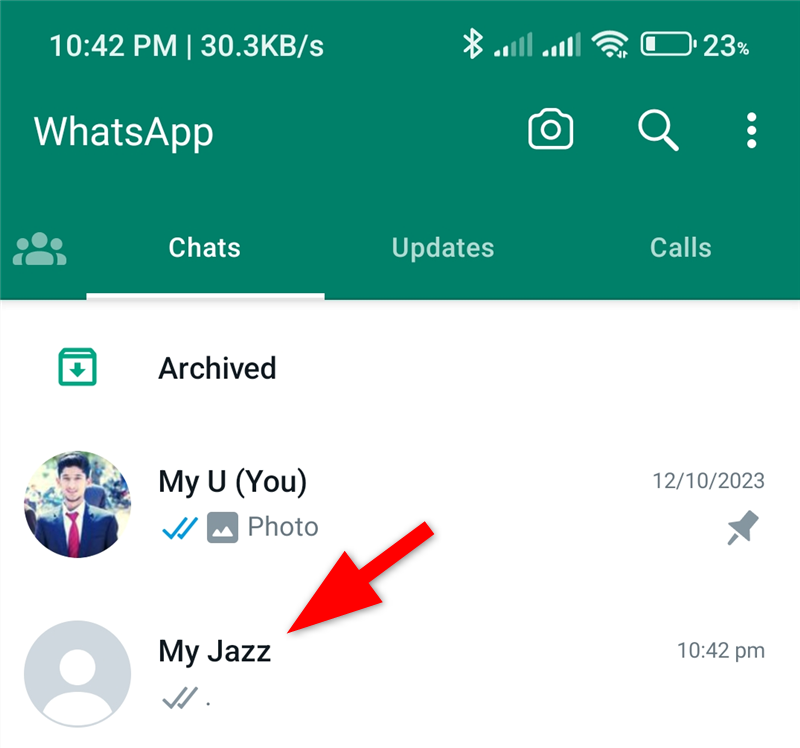 A list of chats on the WhatsApp mobile app and an individual chat is selected