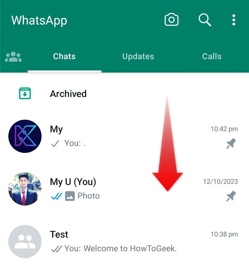 Representation of a swipe-down gesture on the WhatsApp Chats menu