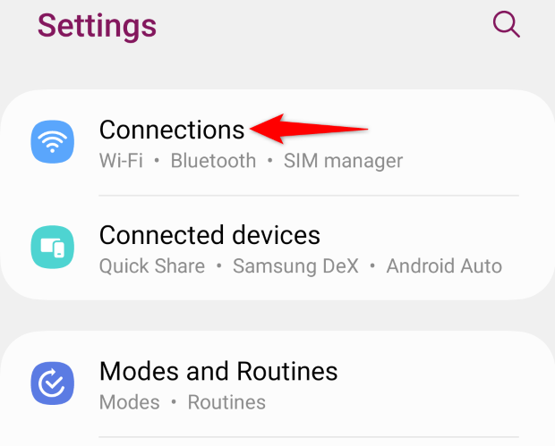 Android Settings with the Connections option highlighted.