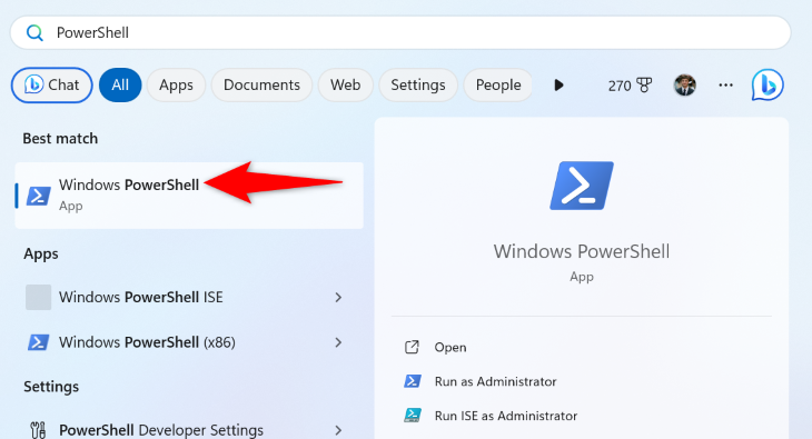 Windows 11's Start Menu with Windows PowerShell highlighted.