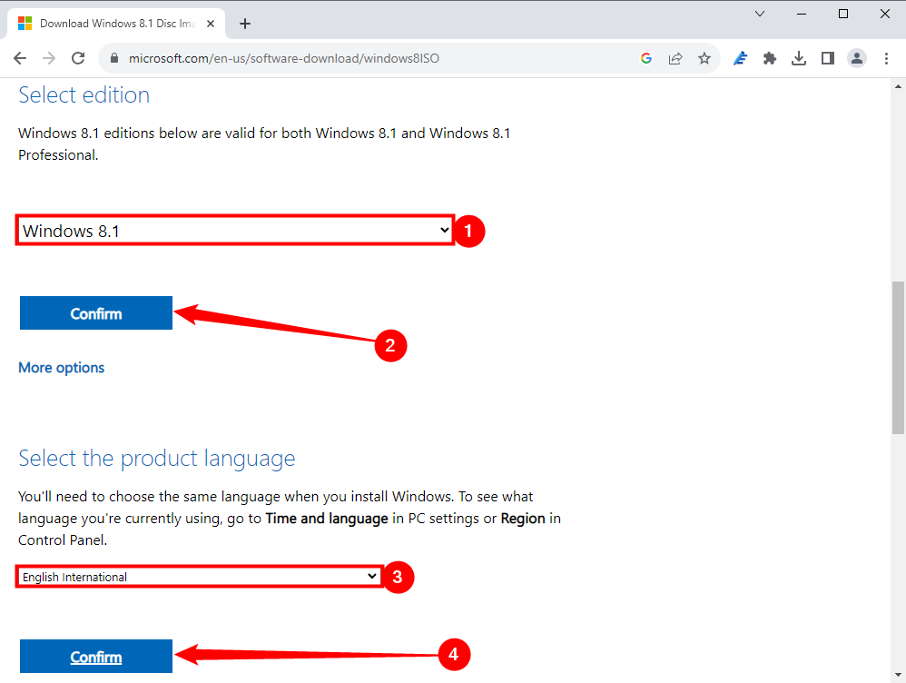 Select your Windows 8 version then hit confirm. Pick your language and hit confirm again. 