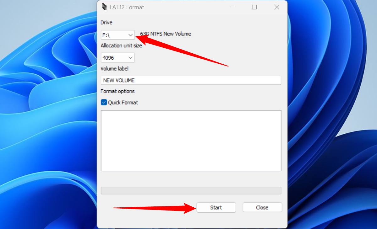 Select the drive you want to format, then click 