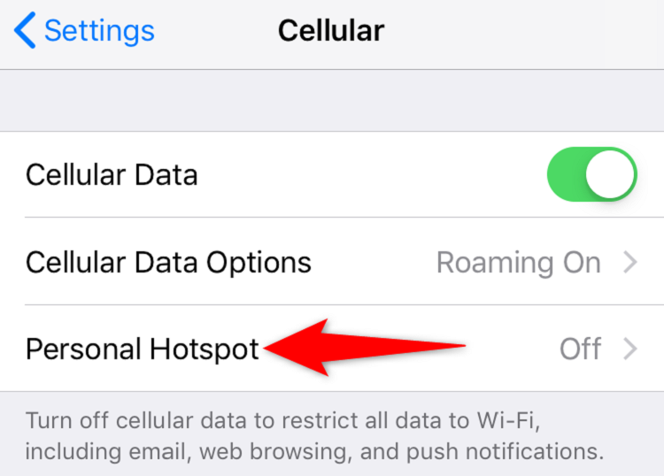 The iPhone's Cellular settings, highlighting the Personal Hotspot option.