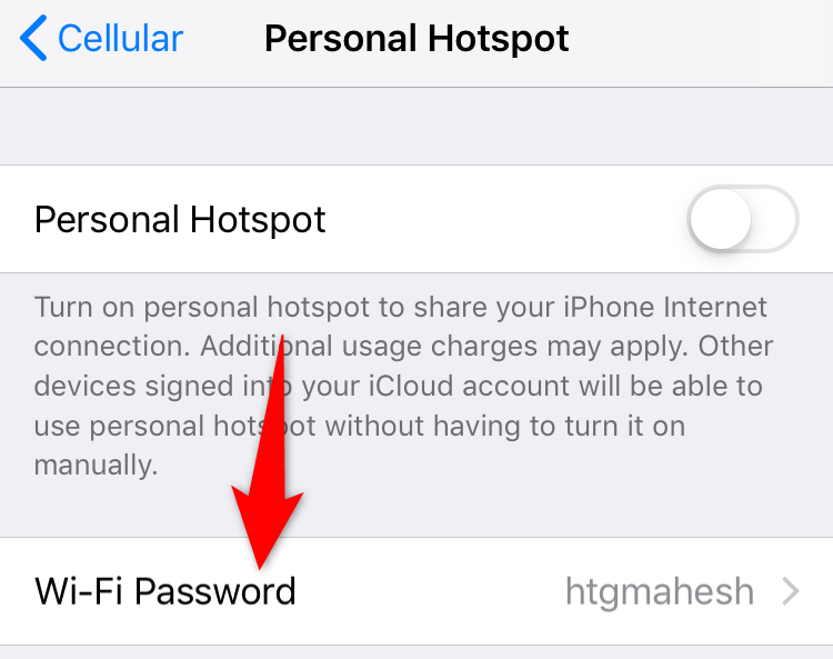 The iPhone's Personal Hotspot settings highlighting the Wi-Fi Password field.