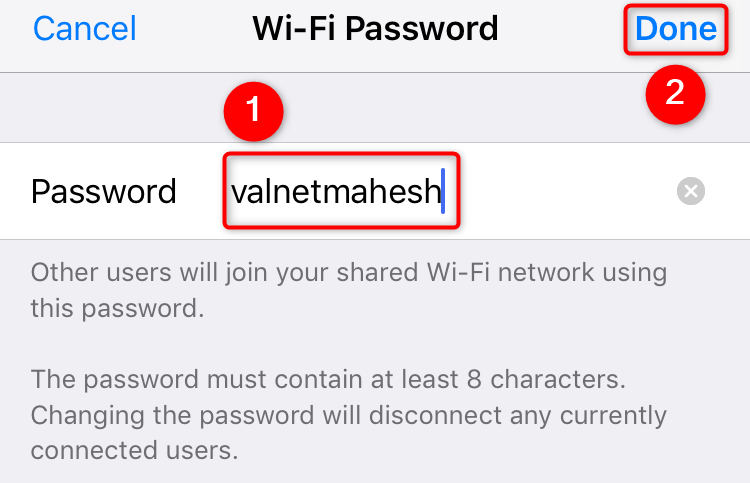The iPhone's Wi-Fi Password settings, highlighting the Password and Done buttons.