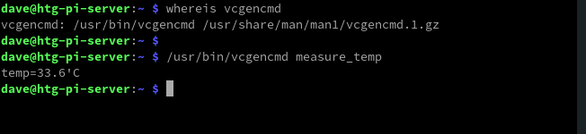 Using the vcgencmd with its full directory path to obtain the CPU temperature