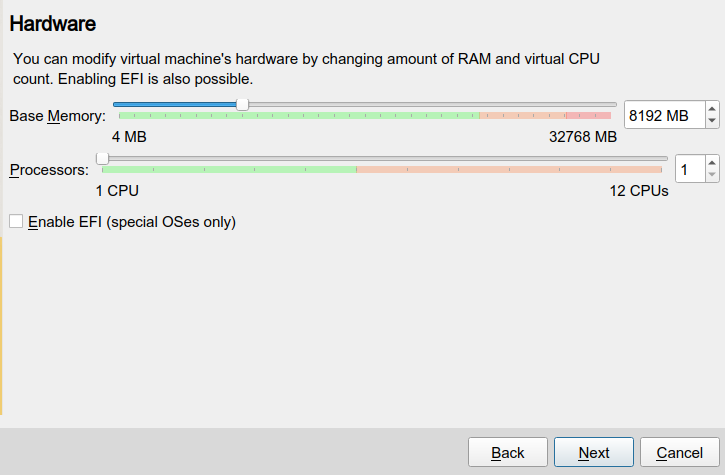 Setting the RAM and number of processors for the virtual machine
