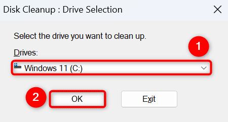 Disk Cleanup drive selection window, highlighting the C drive.