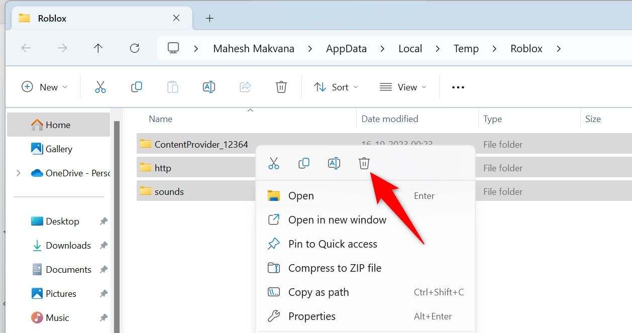 Delete button highlighted in the right-click menu of Windows.
