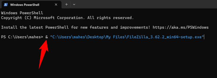 A PowerShell window with a command that launches an EXE file on Windows 11.
