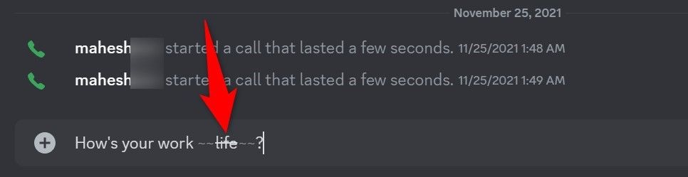 The text with strikethrough formatting highlighted in Discord.