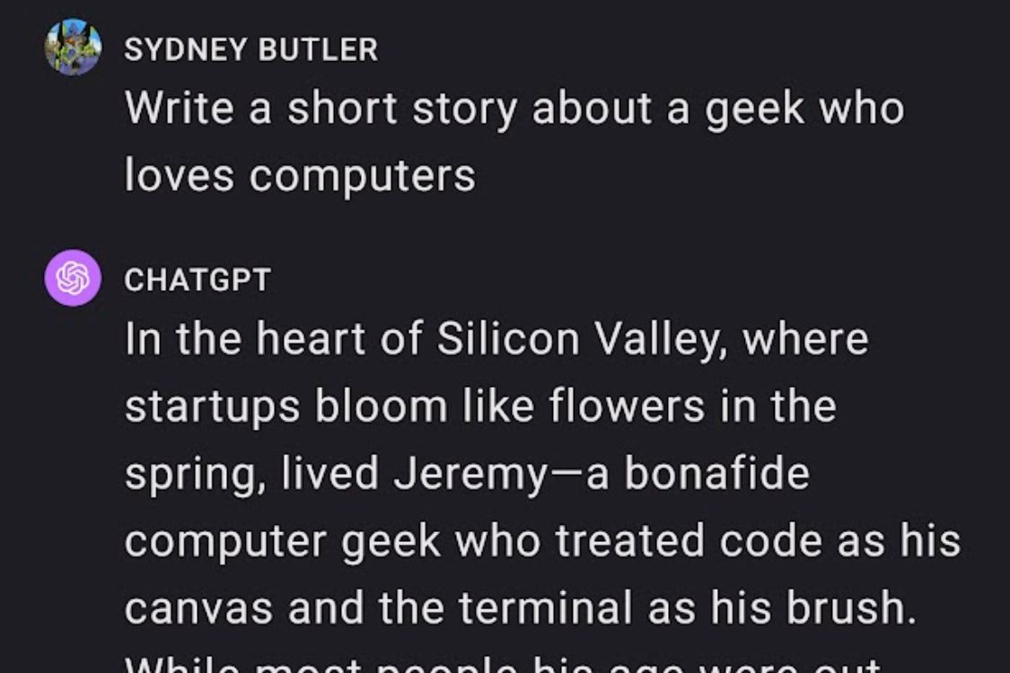 The user asks ChatGPT to write a story about a geek who loves computers.