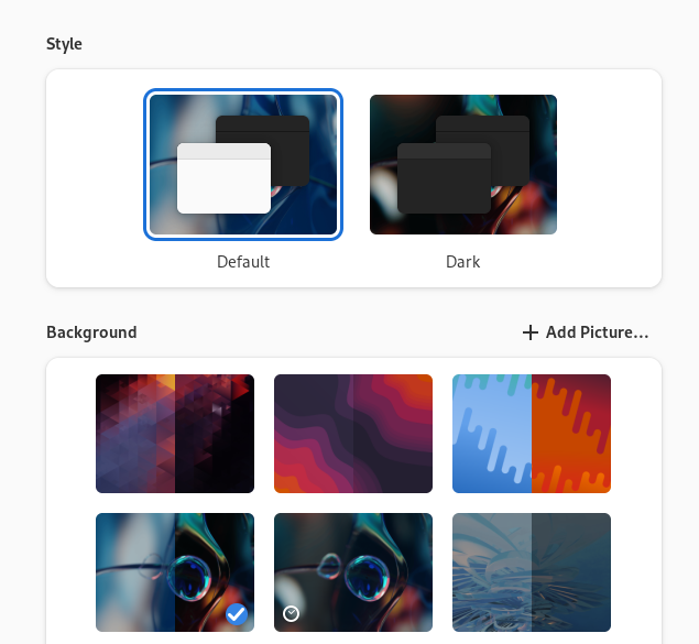 The wallpaper selector in a Fedora 39