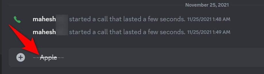 The text with strikethrough formatting applied using markdown highlighted in Discord.