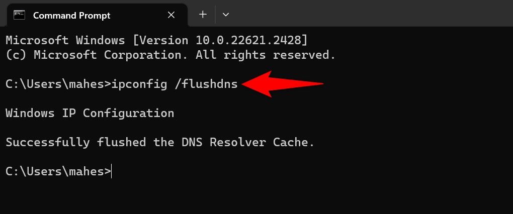 Windows' ipconfig /flushdns command on a Command Prompt window.