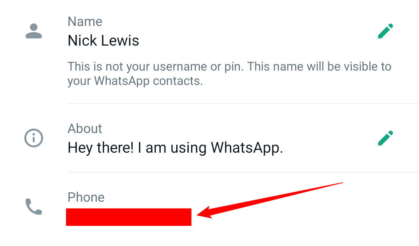 The phone number associated with your WhatsApp account censored in red. 