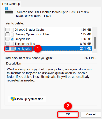 Thumbnails option highlighted in Disk Cleanup on Windows.
