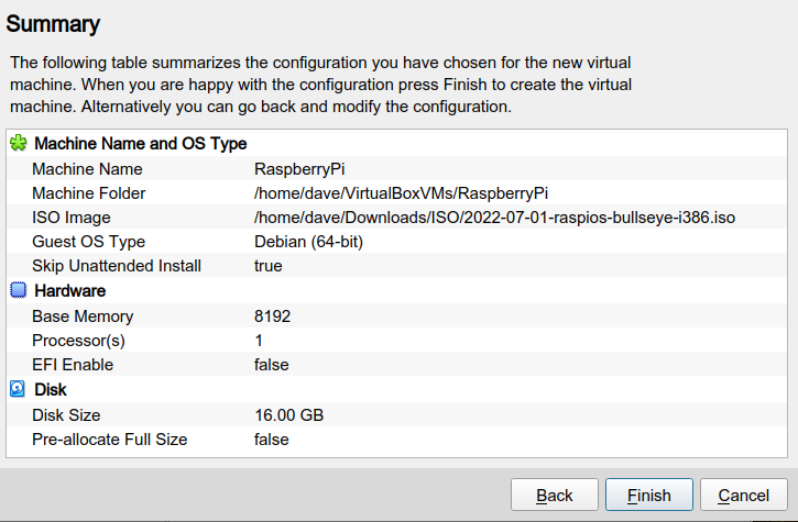 The Summary screen showing the choices made so far in the creation of the virtual machine