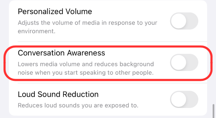 AirPods settings menu highlighting the Conversation Awareness toggle