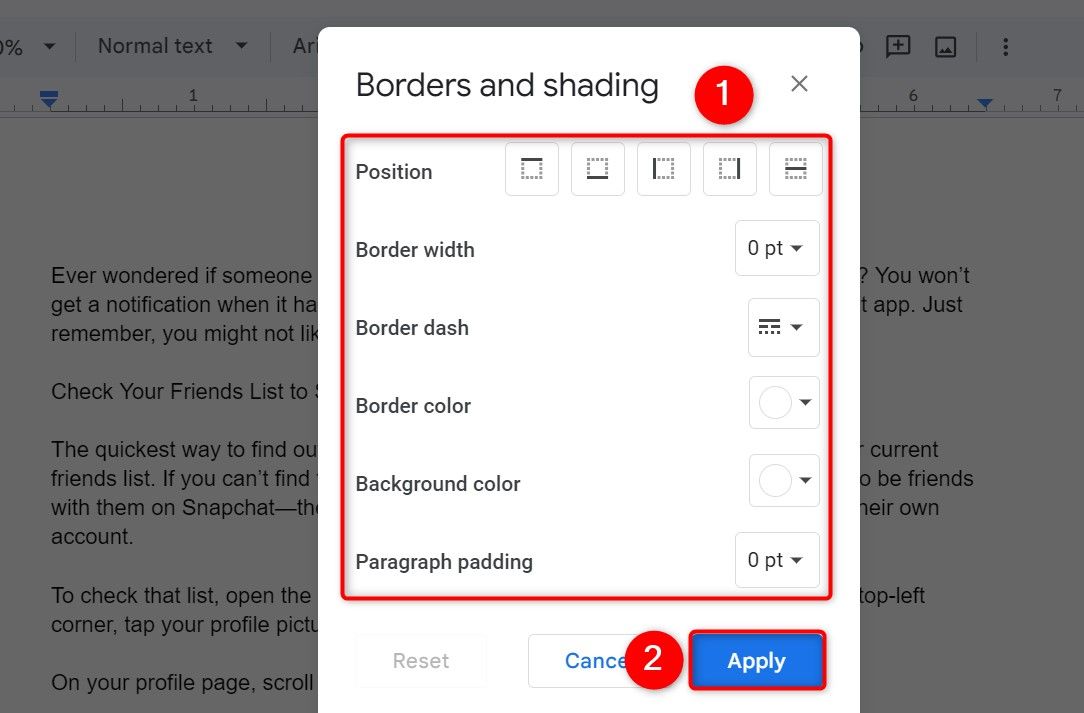"Borders and Shading" window on Google Docs.