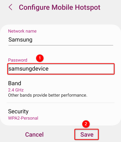 Android's settings page to configure the mobile hotspot password.