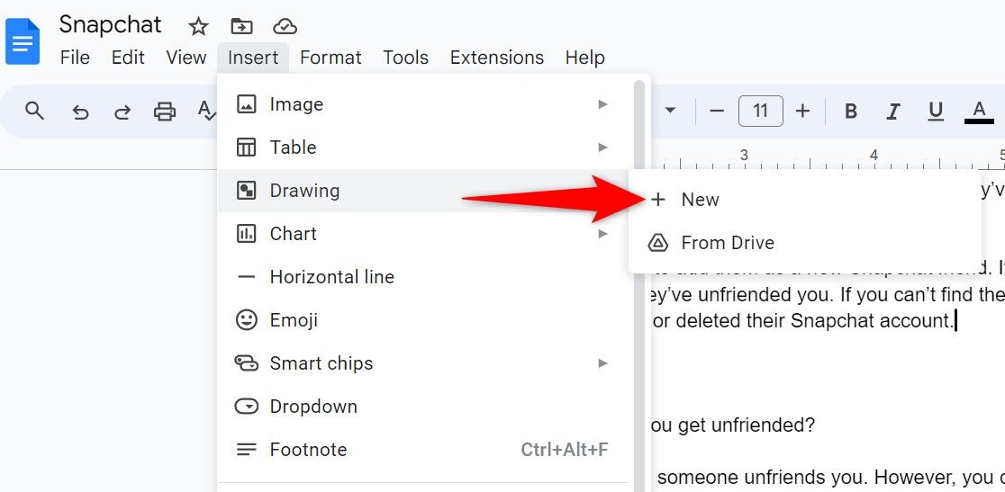 'New' option highlighted for drawing in Google Docs.