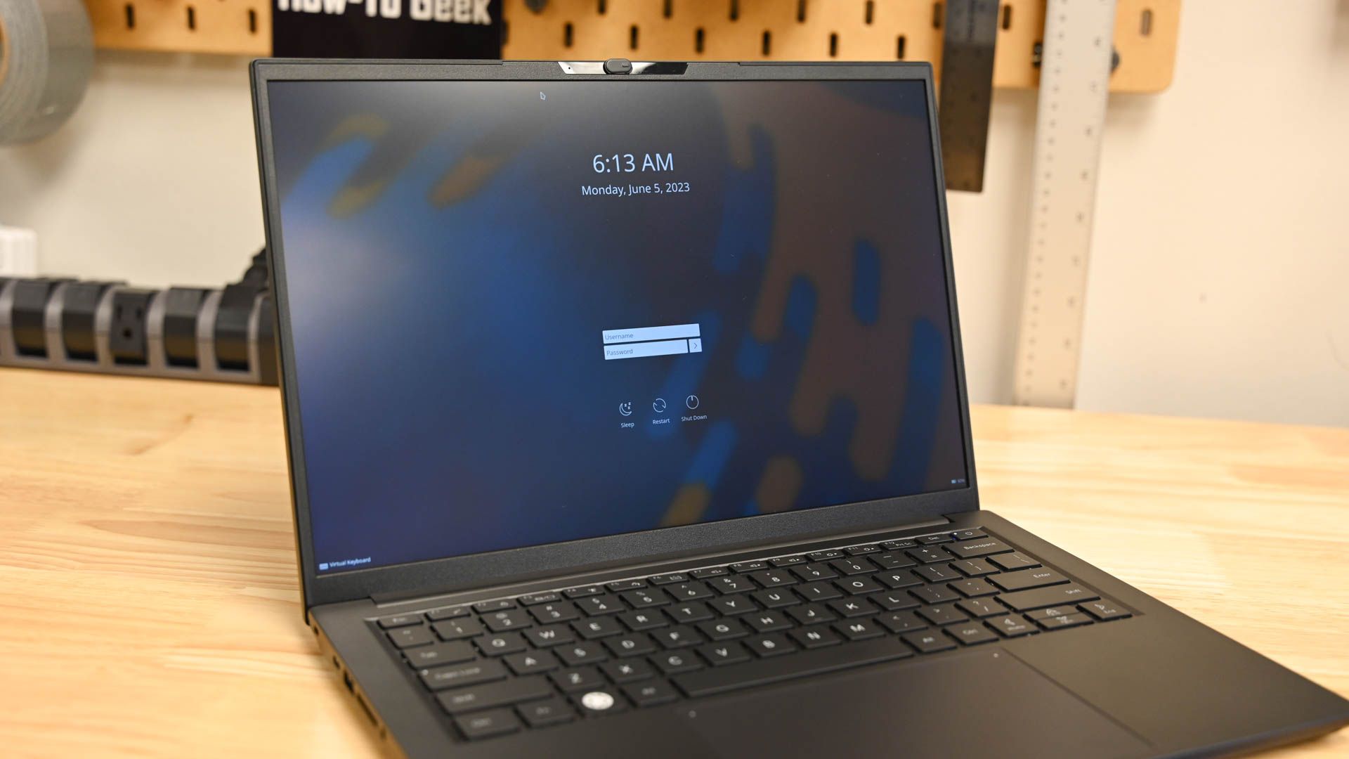 A Linux laptop's login screen. 