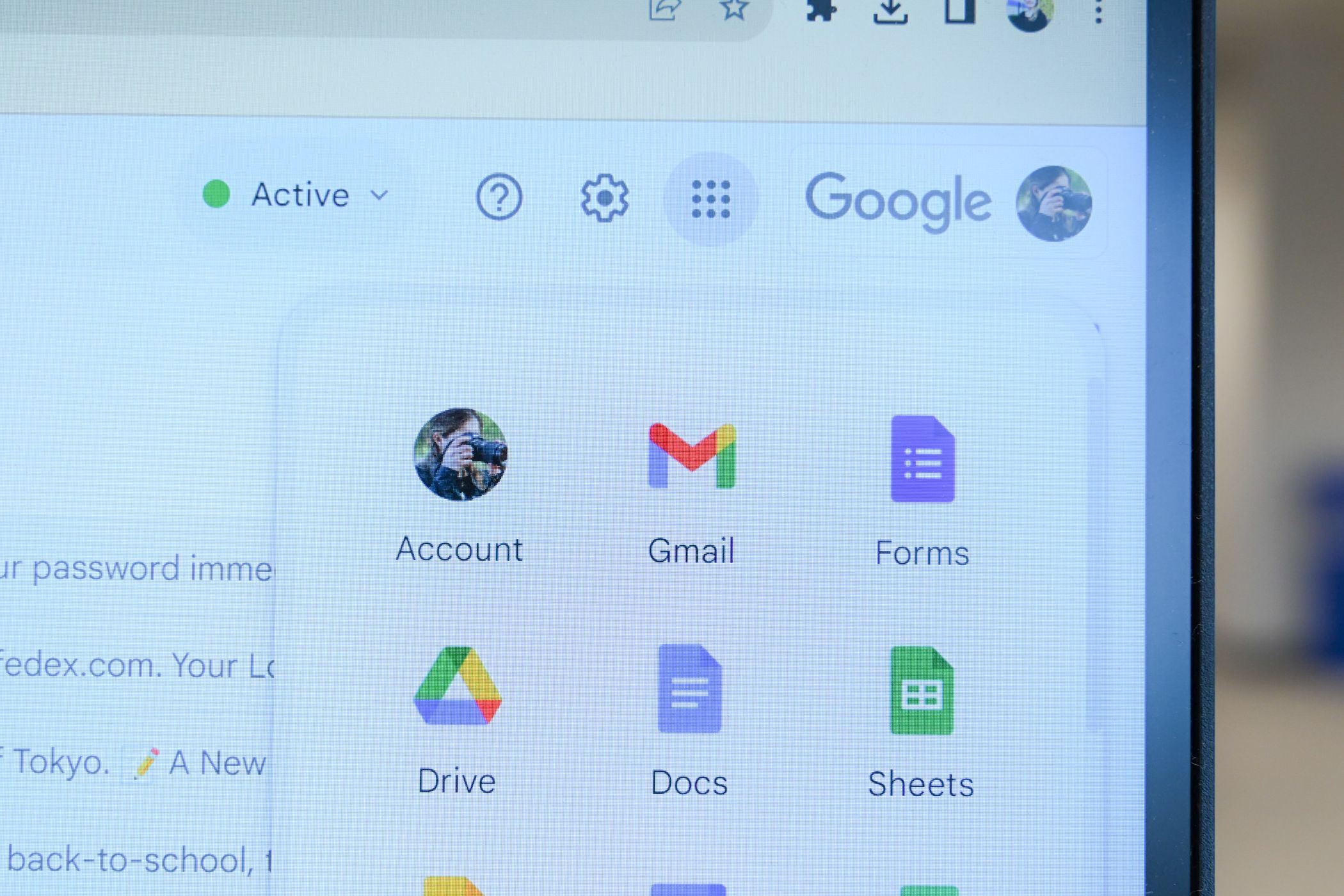 Some Google apps visible in Gmail