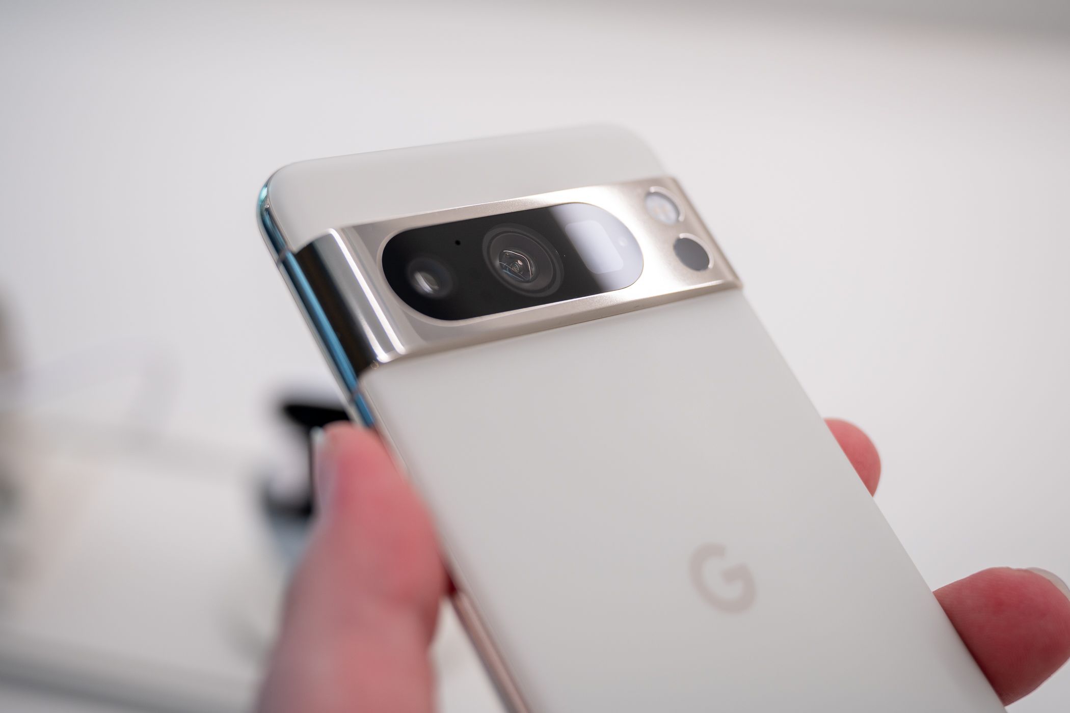 Close look at the three rear camera sensors on the back of the Google Pixel 8 Pro