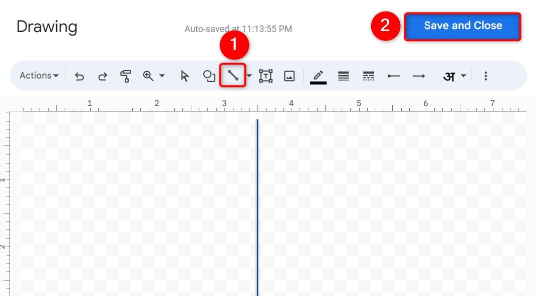 'Line' and 'Save and Close' highlighted on Google Docs' 'Drawing' window.