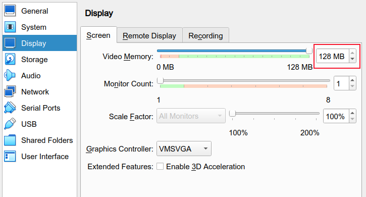Setting the video memory for the virtual machine