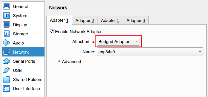Setting the virtual machine's network interface to a Bridged Adapter