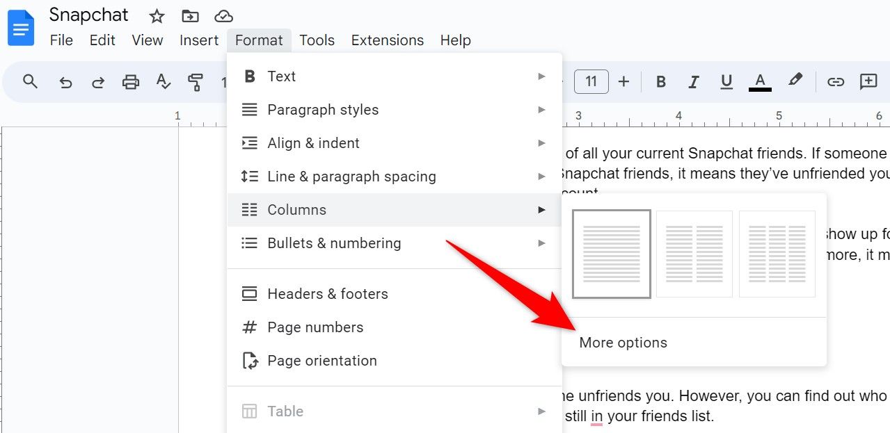 'More Options' highlighted for columns in Google Docs.