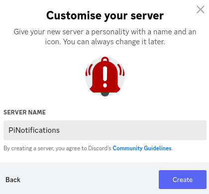 Naming the new server in the “Customise Your Server” dialog