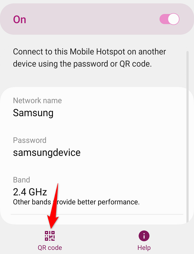 Android's Mobile Hotspot settings, highlighting the QR Code option at the bottom.