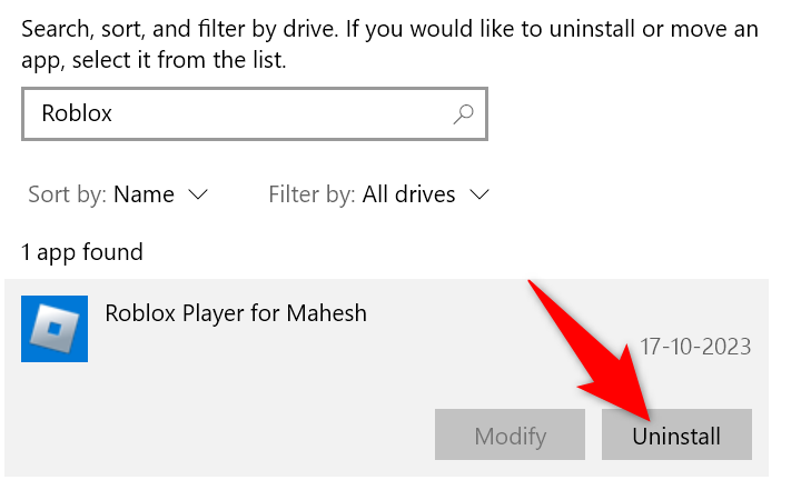 Option to uninstall Roblox from Windows.