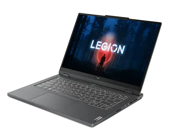 The Lenovo Legion Slim 5 14 Gen 8 laptop sitting with its screen on.