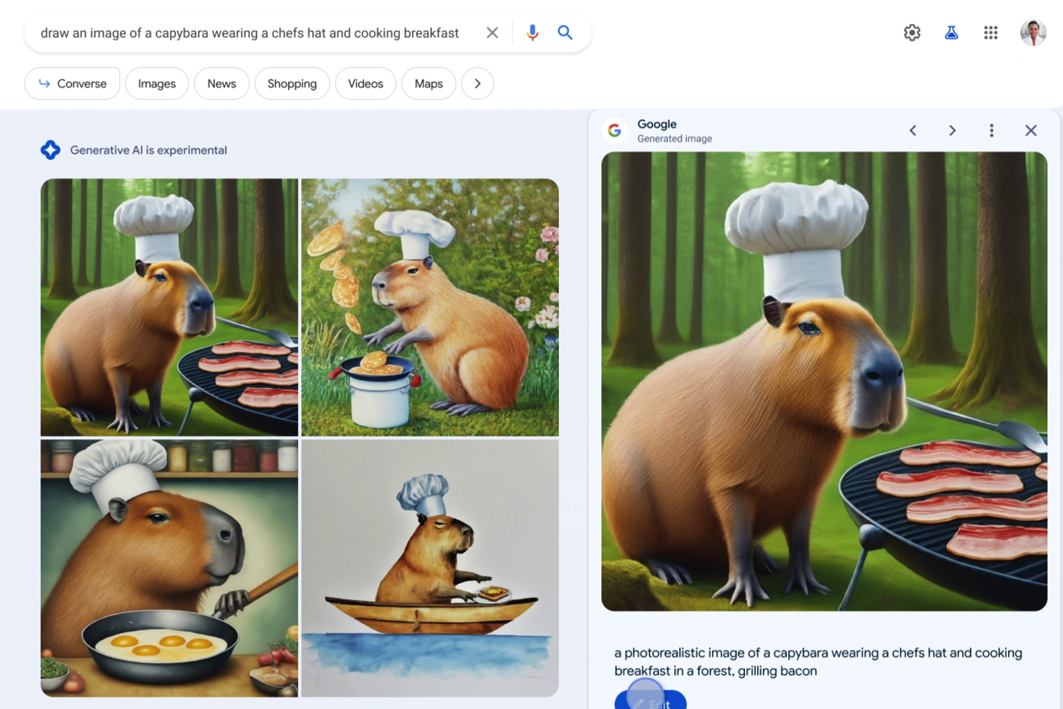 Generating images of a capybara cooking breakfast in Google Search.