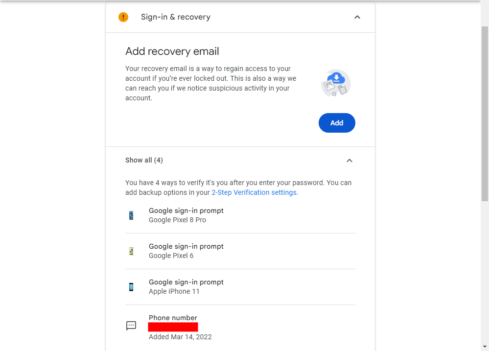 Recovery methods for Google Account. 