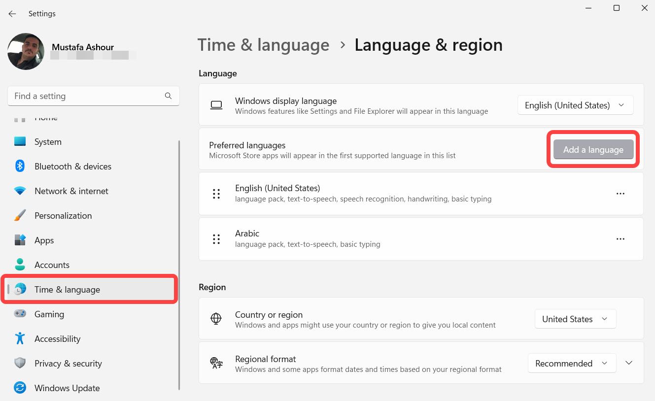 Adding a new language through the Settings page on Windows 11.