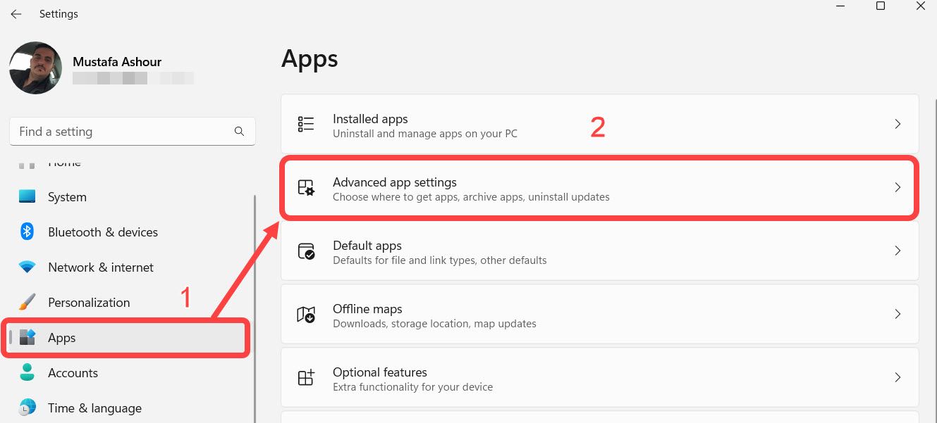 Navigating to the Advanced App Settings section inside the Apps section in the Settings app on Windows 11.