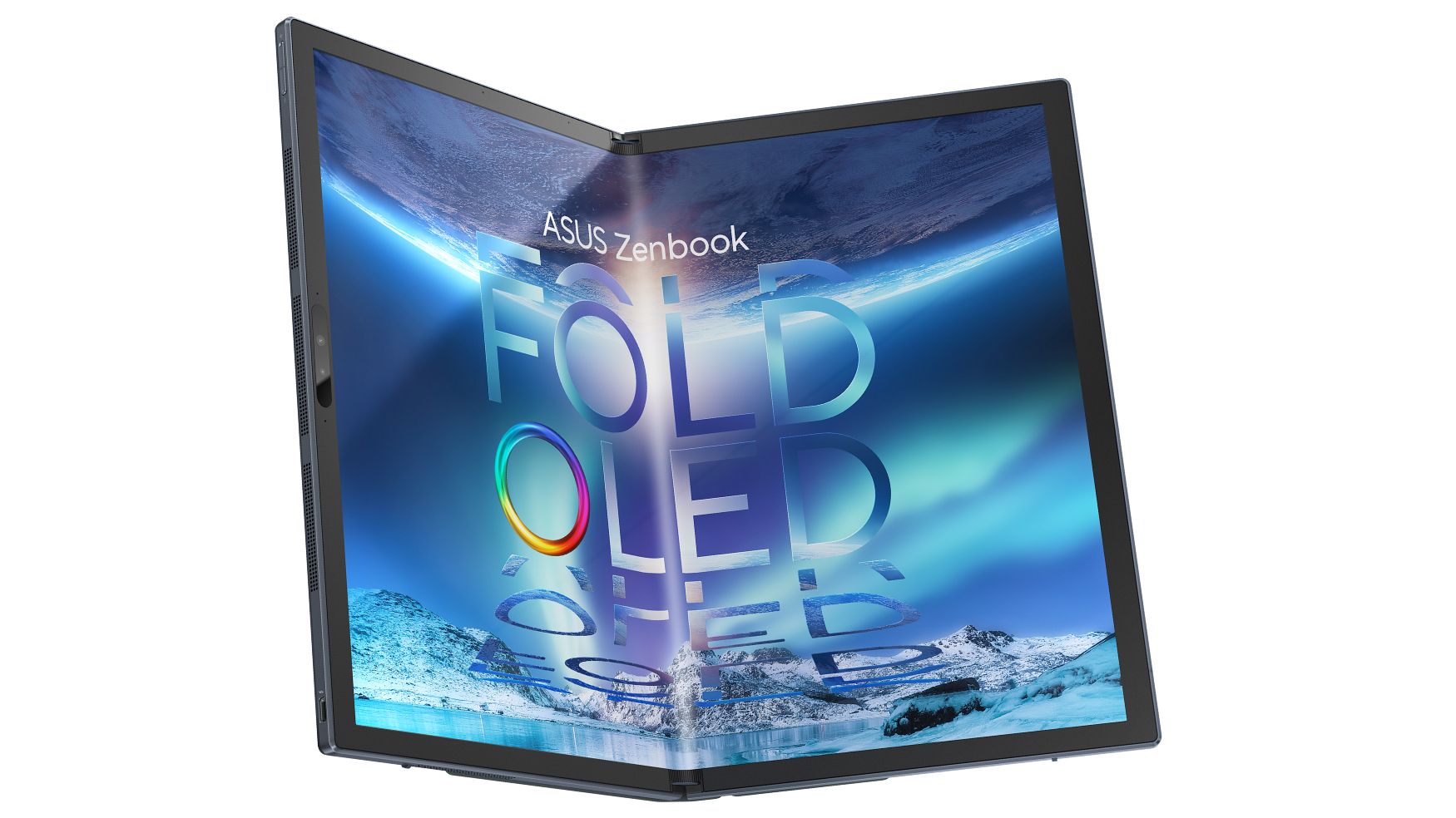 Asus Zenbook 17 Fold OLED promotional photo, on a white background, with the screen turned on and partially opened in the horizontal position