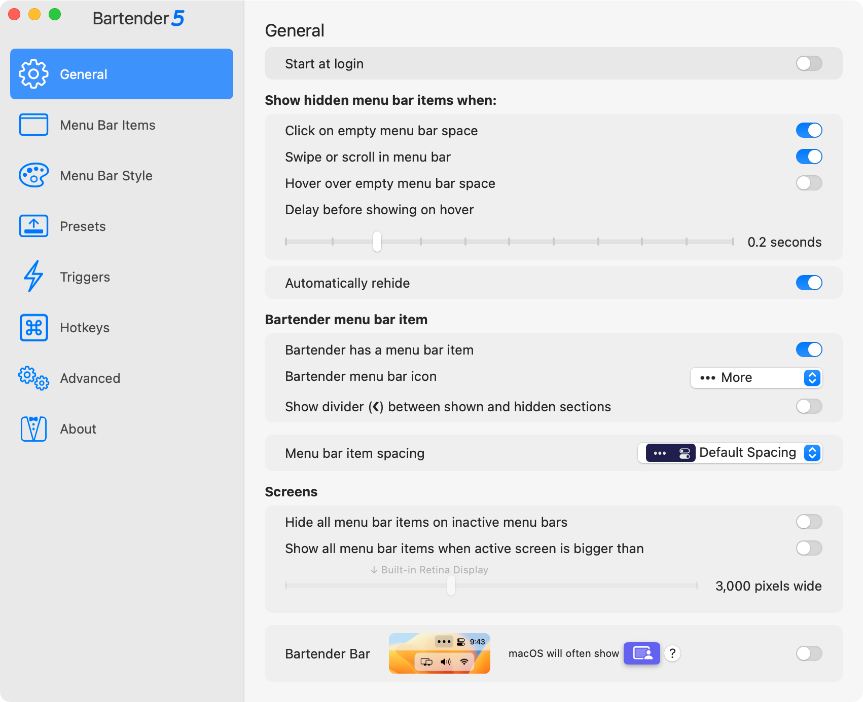 The Bartender for macOS settings menu.